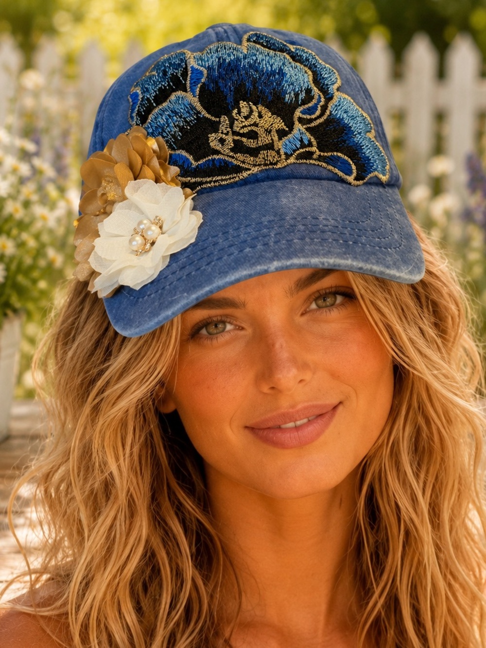 Hand Embellished Blue Floral Baseball Cap with Dimensional Flowers
